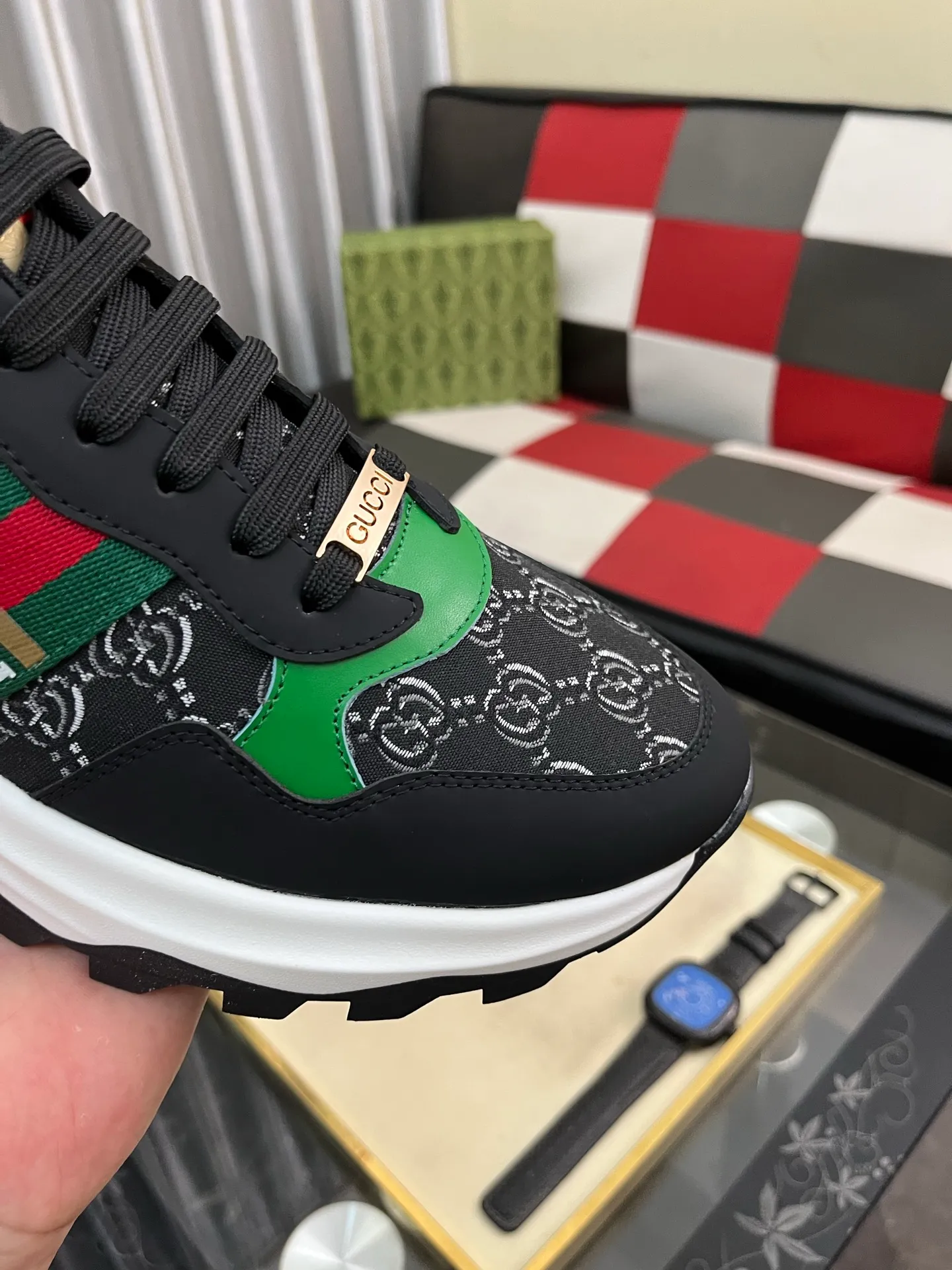 Men's shoes 💰458⌚️⌚️ Gucci •Gucci original quality. ~ Unique modern style sneakers. 🏃A must-have casual shoe for trendy men😍😍 Original brand imported from Italy, imported original leather, sheep lining (refuses to discolor and grind feet) Sole: Original sole provided by the original factory, French lazy style design ⚠️Fit to the feet, original quality attached, super comfortable original sole, code number: 38-444️⃣Colors available
